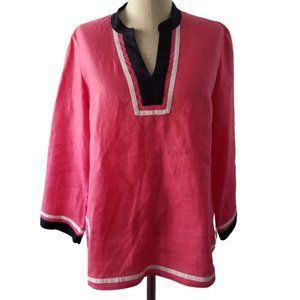 TALBOTS Coral Pink Linen Tunic Navy & White Trim | SZ MP